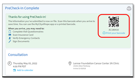 MyCityofHope app screen