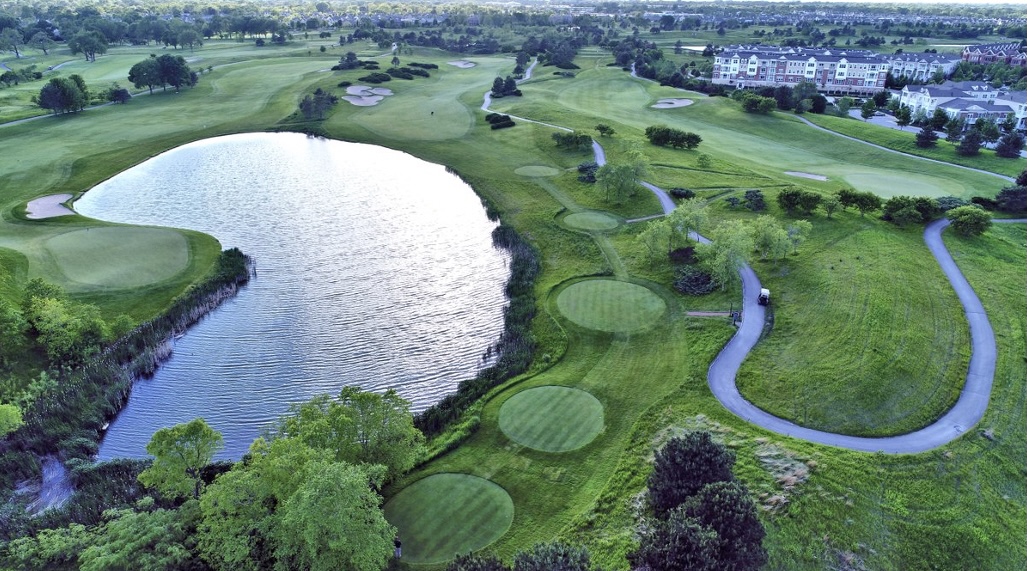 Golf course with river and pond