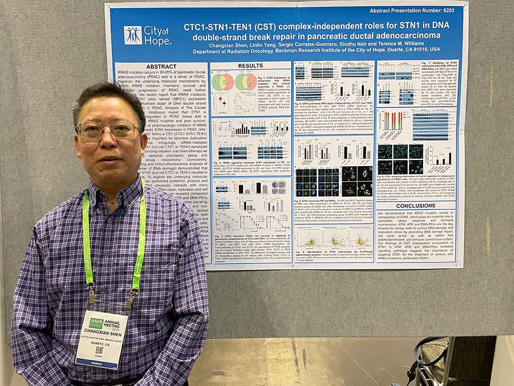 Changxian Shen standing in front of poster presentation at the AACR 2023 Conference