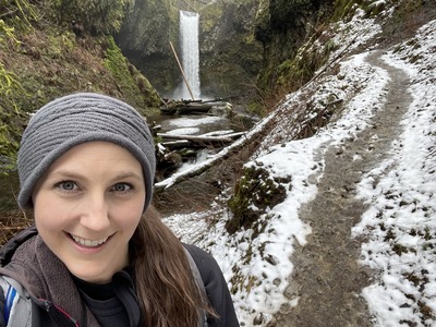 Heather McKelvey at a waterfall in winter