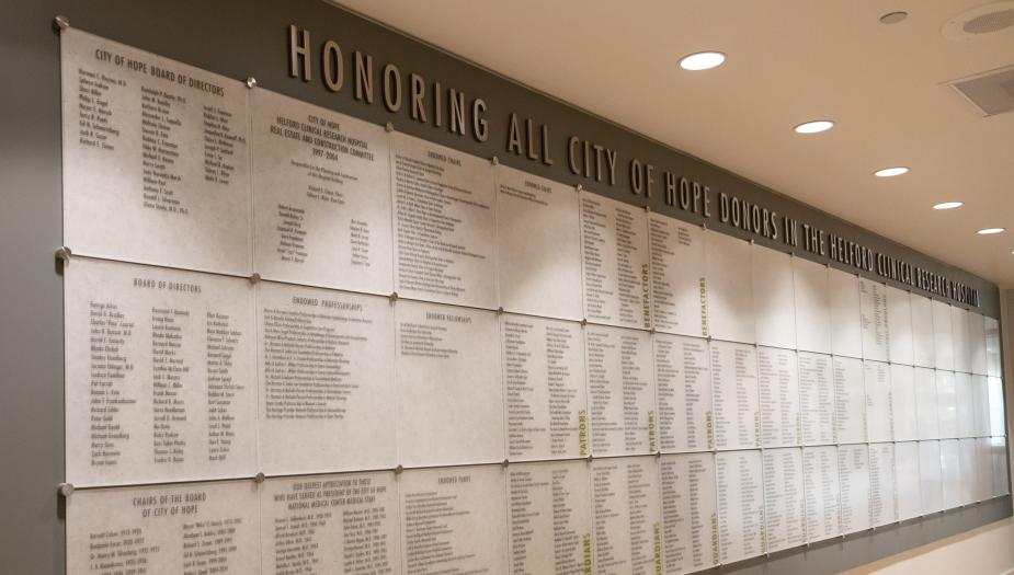 Honoring all City of Hope donors in the Helford Clinical Research Hospital: donor names plaques
