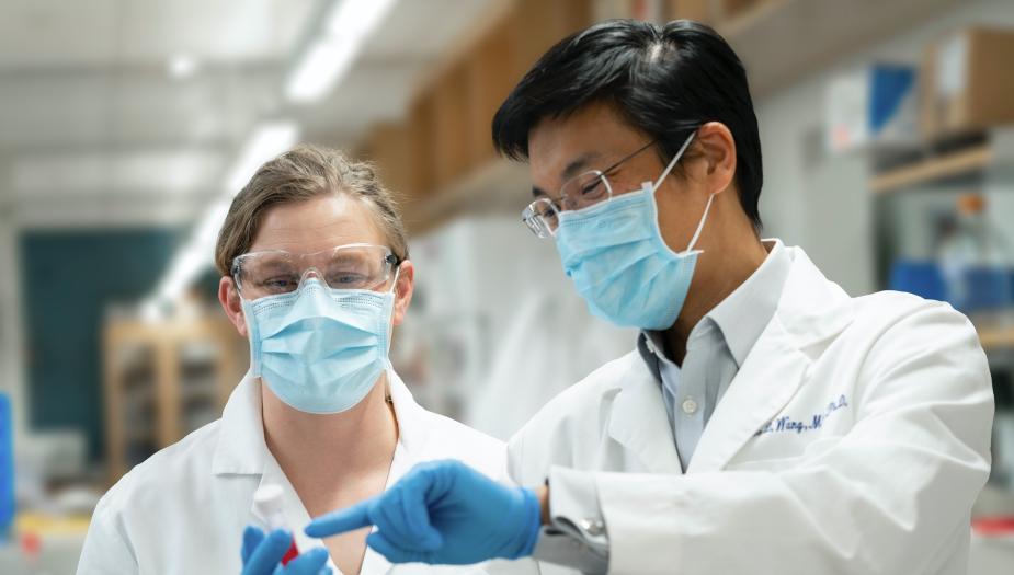 Doctor showing a colleague something on lab equipment