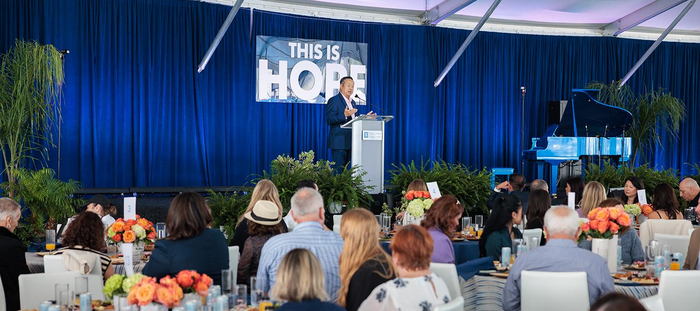 Physician-in-Chief, Edward Kim, M.D. speaks at City of Hope Orange County's cancer specialty hospital key ceremony