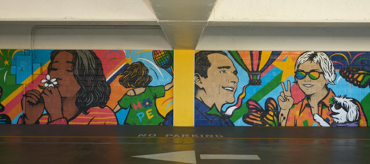 Artist bumblebeelovesyou mural at Newport Beach Lido