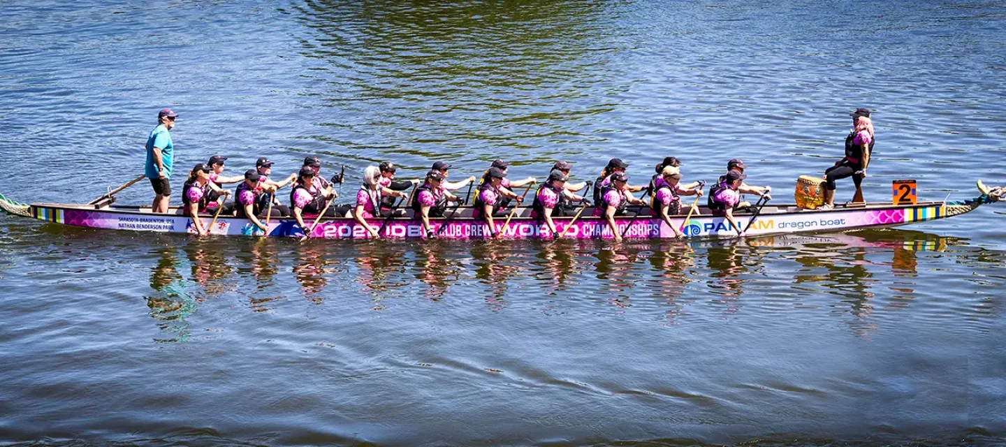 Breast cancer dragon boat team paddling on the water