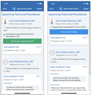 Upcoming test and procedure screen on MyCityofHope app