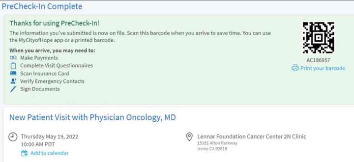 Screenshot from MyCityofHope app