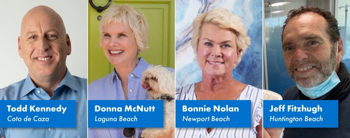 Todd Kennedy, Coto de Caza; Donna McNutt, Laguna Beach; Bonnie Nolan, Newport Beach; Jeff Fitzhugh, Huntington Beach
