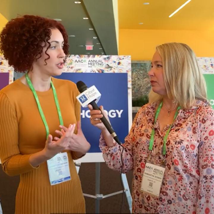 City of Hope's Leanne Burnham, Ph.D. with Samantha Bonar at AACR 2022