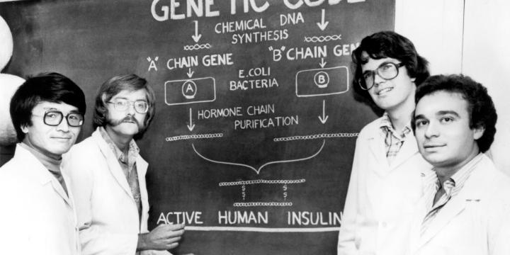 City of Hope 1978 - Dr. Itakura, Dr. Riggs, Dr. Goeddel, Dr. Crea in front of chalkboard