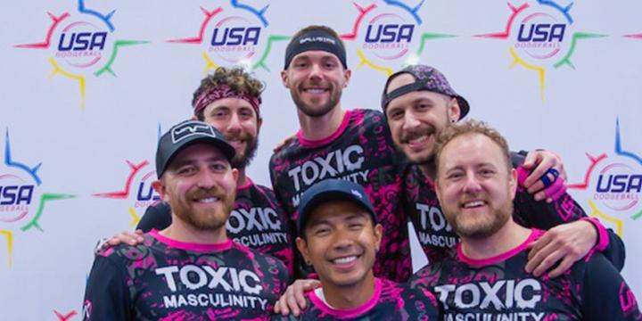 Michael Davies and his teammates, in "Toxic Masculinity" team shirt, at a USA Dodgeball event