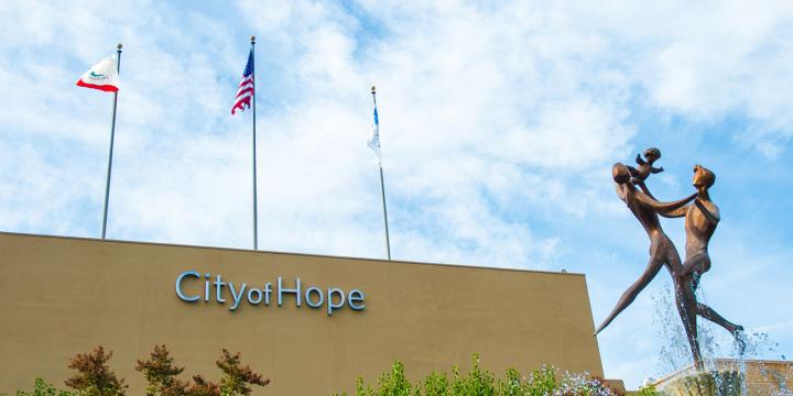 City of Hope's iconic Spirit of Life® Fountain stands tall at the main entrance, representing family and compassion