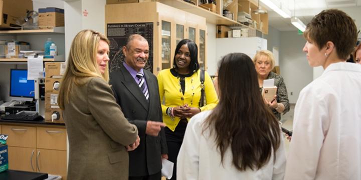Henrietta Lacks’ son, Sonny Lacks, and her granddaughter, Kimberly Lacks, visit the Duarte campus to witness firsthand how Henrietta’s cells 
