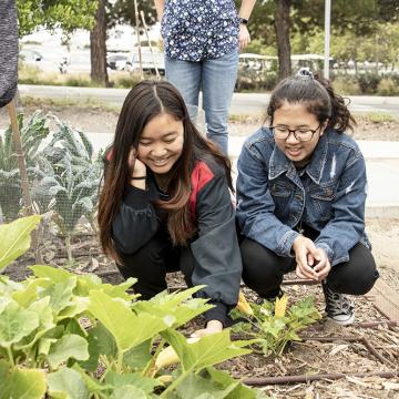 two young girls working in garden