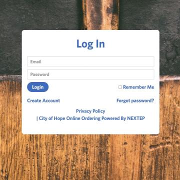 Login page showing how to order food from City of Hope's café