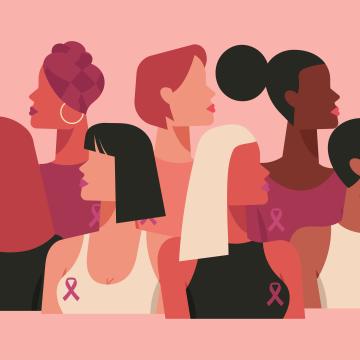 vector illustration of a diverse group of women wearing pink ribbons to support breast cancer awareness