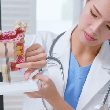A doctor uses a colon model to explain Colon Cancer during Screening