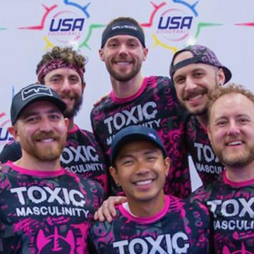 Michael Davies and his teammates, in "Toxic Masculinity" team shirt, at a USA Dodgeball event