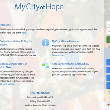 A view of the MyCityofHope patient portal login screen