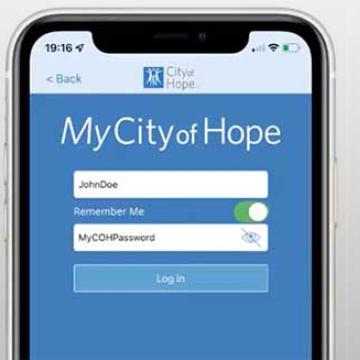 The mobile login screen for the MyCityofHope patient portal