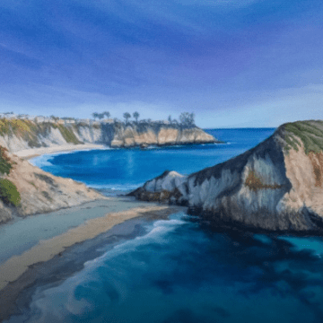 A painting named Three Arch at Dusk by artist Tim Bush, is on display at City of Hope Orange County  