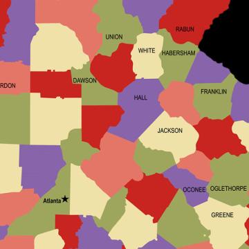 color coded map showing the counties in Georgia