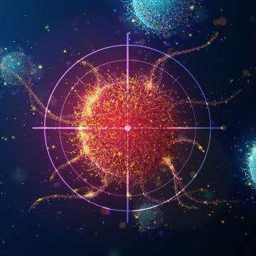 A computer rendering of a cancer cell in target cross hairs