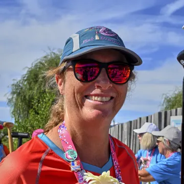 Breast cancer survivor Caroline de Vaulx at a Pink Dragons dragon boat event