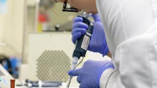 A researcher working in a lab