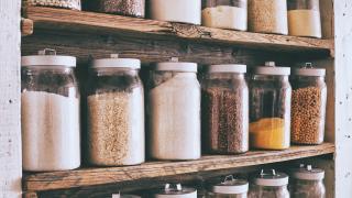 beans, grains, flour on pantry shelves