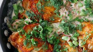 Chicken with edamame and asparagus
