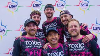 Michael Davies and his teammates, in "Toxic Masculinity" team shirt, at a USA Dodgeball event