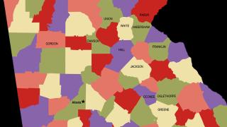 color coded map showing the counties in Georgia