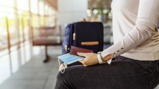 image from neck to knee of a woman sitting on a bench with a rolling suitcase in the background and passports in hand