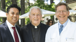 Gregory Idos, M.D., M.S., Monsignor Clement Connolly and Stephen Gruber, M.D., Ph.D., M.P.H.