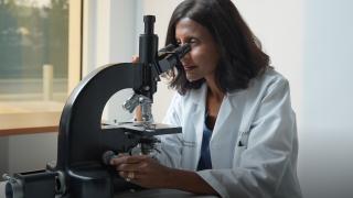 Doctor Amrita Krishnan looking into a microscope